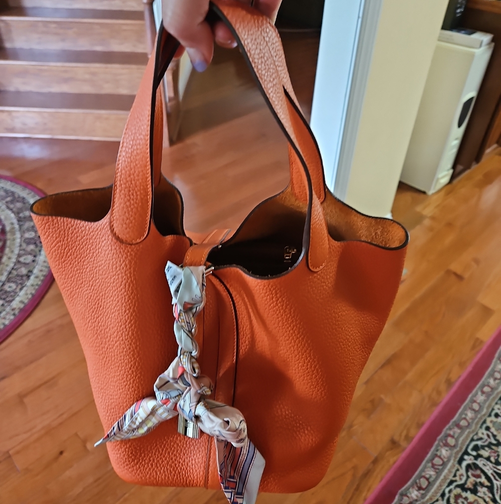 Hermes Orange Pebbled Leather Tote with Scarf Tie